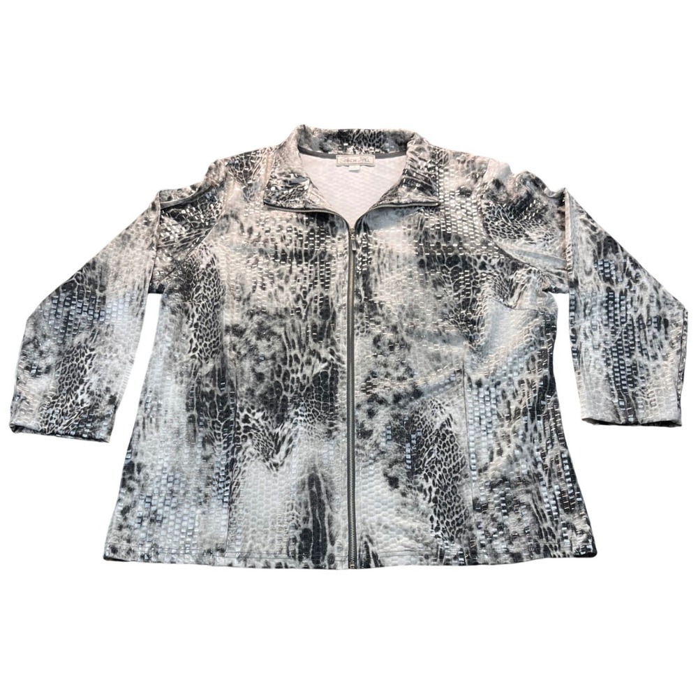 Birch Hill Womens Plus 1X Animal‎ Print Metallic Zip Up Jacket Gray Black White